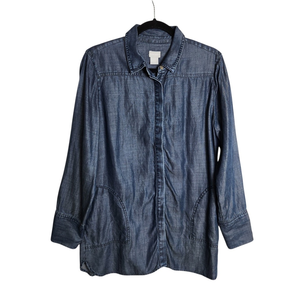 Chico's Blue Lyocell Chambray Button Down Shirt Long Sleeve Size 1 M 8